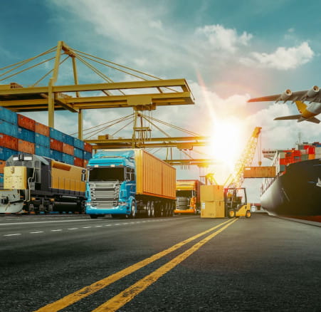 Trucks at a port.